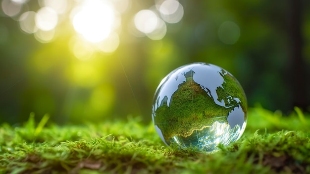 A glass globe concept day earth save the world save environment the world is in the grass of the green bokeh background generat ai