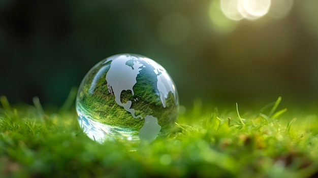 A glass globe concept day earth save the world save environment the world is in the grass of the green bokeh background generat ai