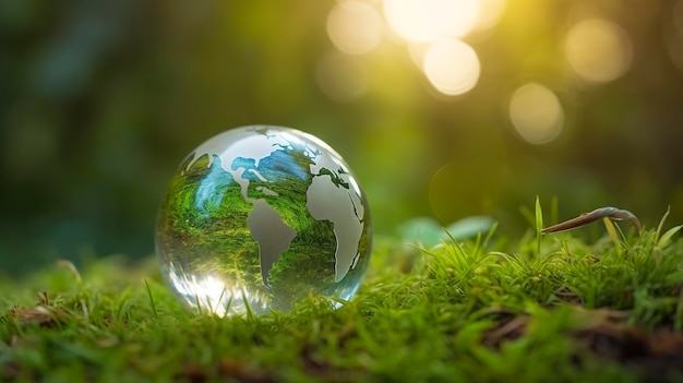 A glass globe concept day earth save the world save environment the world is in the grass of the green bokeh background generat ai