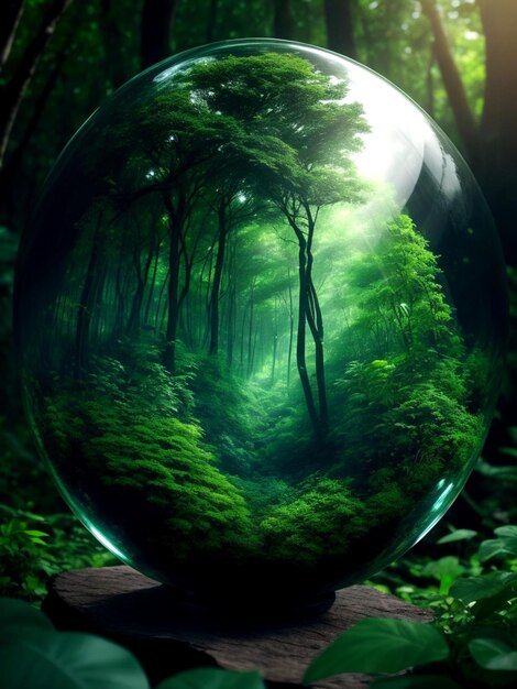 Foto globo di vetro circondato da una vegetazione forestale verdeggiante che simboleggia la sostenibilità dell'ambiente naturale esg