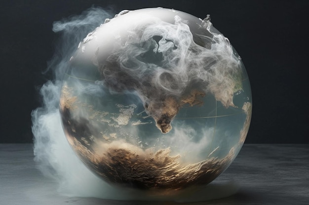 대기 오염의 연기 표현으로 가득 찬 유리 지구본