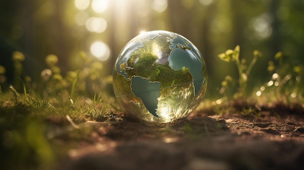 A glass globe in the forest with the sun shining on it