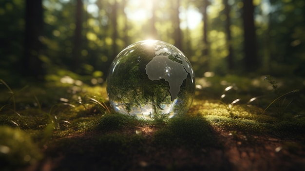 A glass globe in the forest with the sun shining on it.