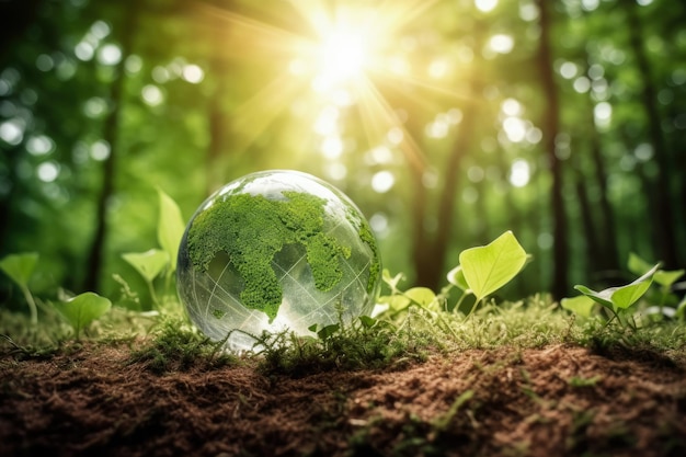 Photo glass globe on green nature green energy for clean and sustainable environment earth day