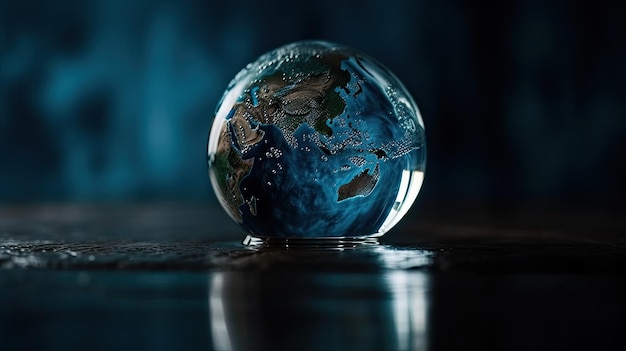 A glass globe is on a dark surface with the word planet on it.