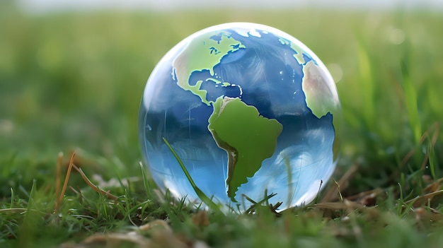 A glass globe is sitting on the grass in a field.