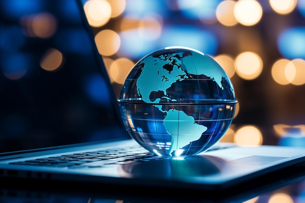 A glass globe on a laptop symbolizes a global business perspective