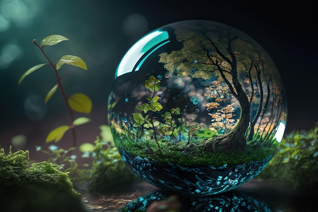 Стеклянный шар в природной концепции для экологически чистой окружающей среды и сохранения генеративного ИИ