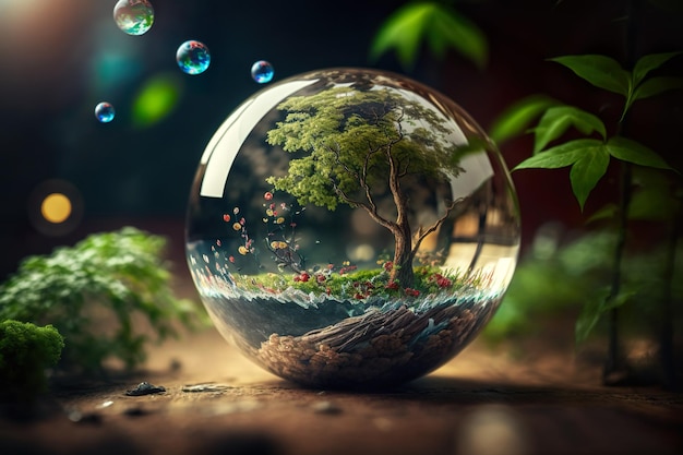 Стеклянный шар в природной концепции для экологически чистой окружающей среды и сохранения генеративного ИИ
