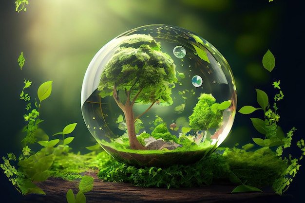 Glass globe resting on green leaf Generative Ai
