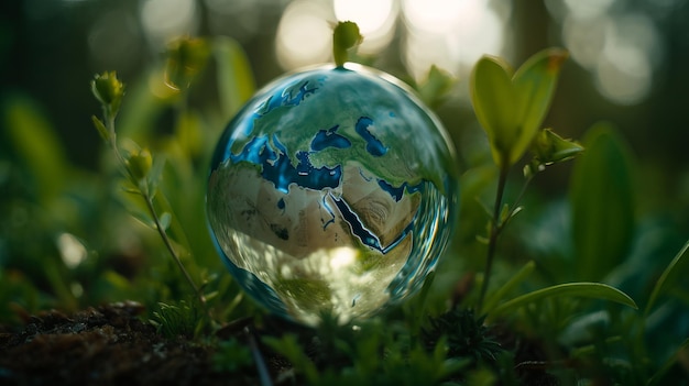 A glass globe sits on the grass in front of a sunset.