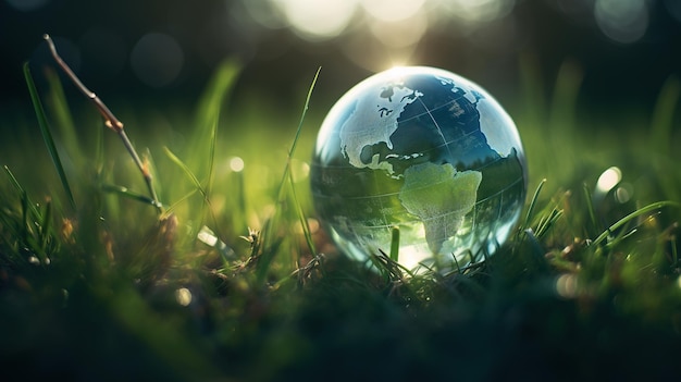 A glass globe sits in the grass with the sun shining on it.