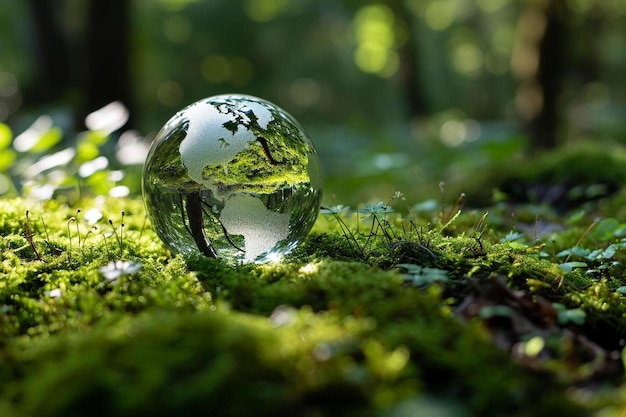 a glass globe sitting on top of a lush green forest