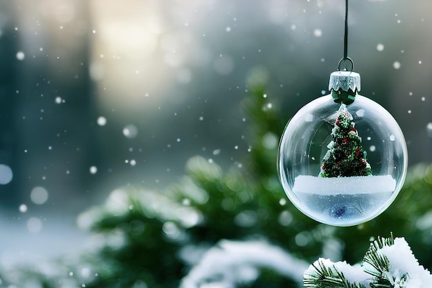 Glass globe in snow with Christmas decoration and colorful background Christmas glass ball Selective focus