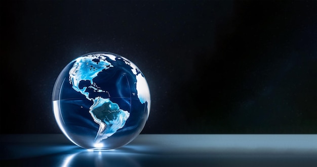 A glass globe on th etable with dark room background