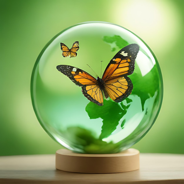 Photo a glass globe with a butterfly on it and a green background