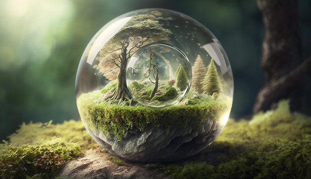 A glass globe with a forest scene inside.