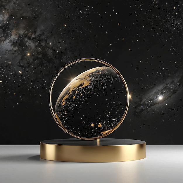 a glass globe with a gold base on a white surface