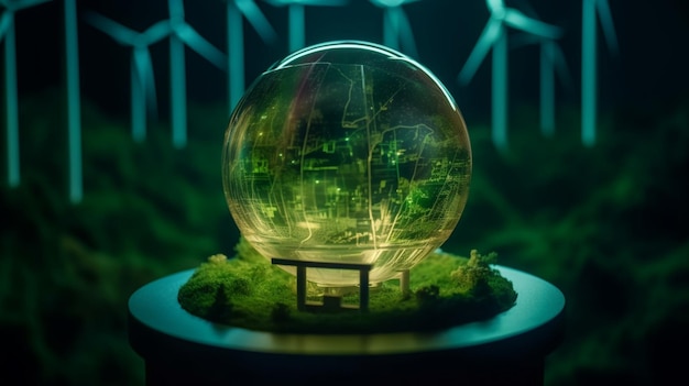 A glass globe with a green light in the background and a green light in the background.