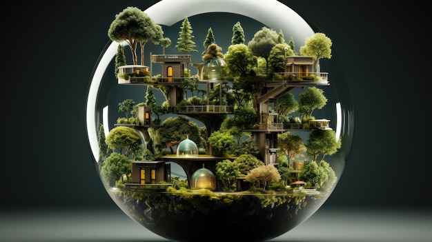 a glass globe with a house inside and a tree inside it.