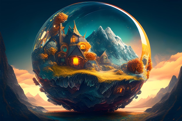 A glass globe with a house in the middle