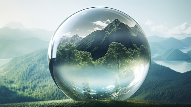 A glass globe with mountains and a mountain in the background