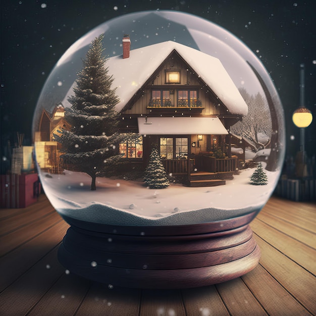 눈 속에 산타39의 집이 있는 유리 지구본과 크리스마스 장식 및 화려한 배경 크리스마스 유리 공