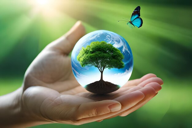 A glass globe with a tree and butterfly on it