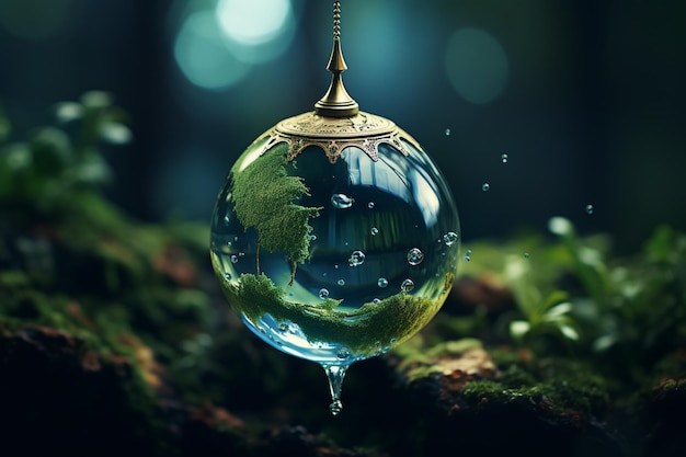 Glass globe with tree inside on moss background 3D rendering