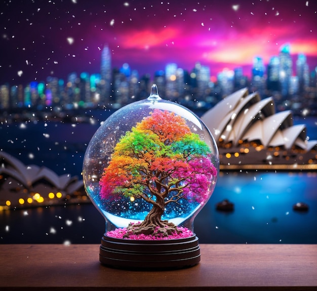 Стеклянный глобус с деревом внутри и Сиднейским оперным театром на заднем плане
