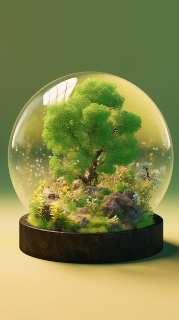 A glass globe with a tree inside.