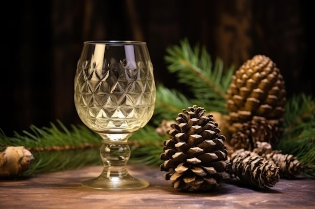 Glass goblet surrounded by pine cones on stone