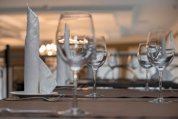 Glass goblets on the restaurant table