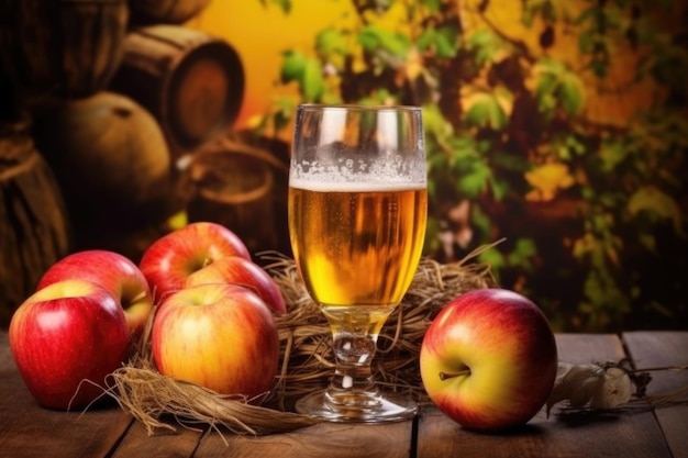 Glass of golden apple cider with apples in background created with generative ai