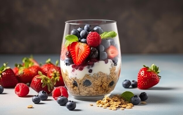 Glass of granola in yogurt with a mix of berries