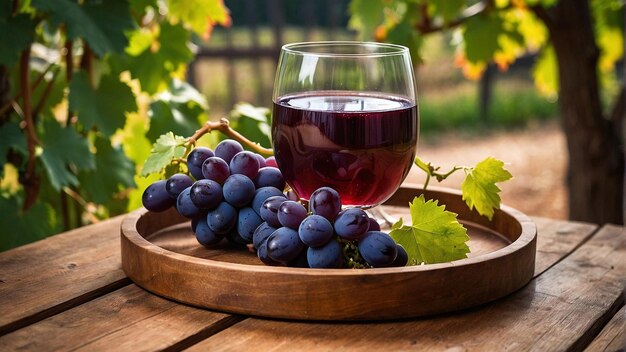 Photo a glass of grape juice on a wooden tray with grape vin