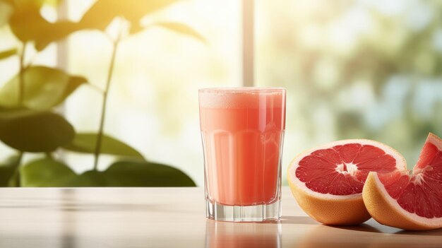 A glass of grapefruit juice and halved grapefruits on a wooden table