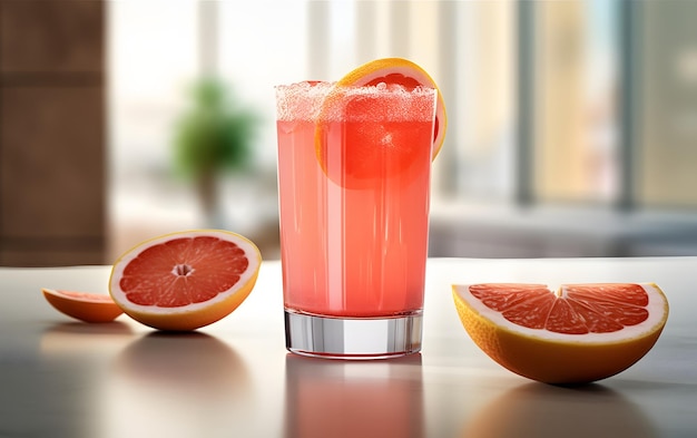 A glass of grapefruit juice sits on a table with two halves of a grapefruit.