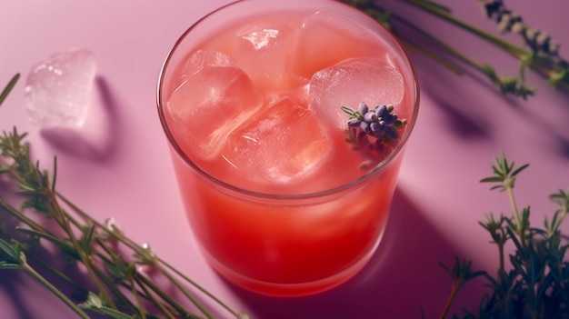 A glass of grapefruit juice with a sprig of rosemary on the top.