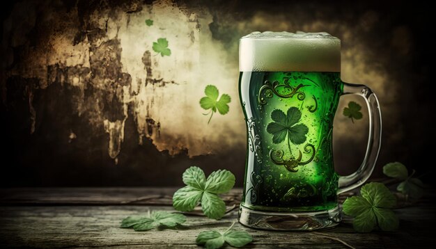 A glass of green beer with a clover leaf pattern on it