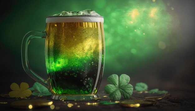 A glass of green beer with clovers on the top.