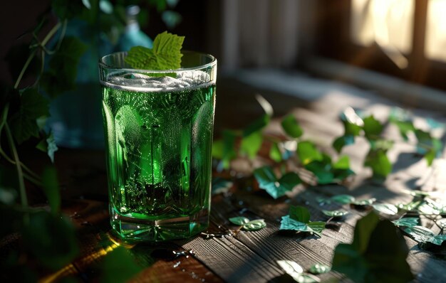 a glass of green beer with some leaf