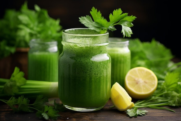 Photo glass of green detox juice with celery garnish
