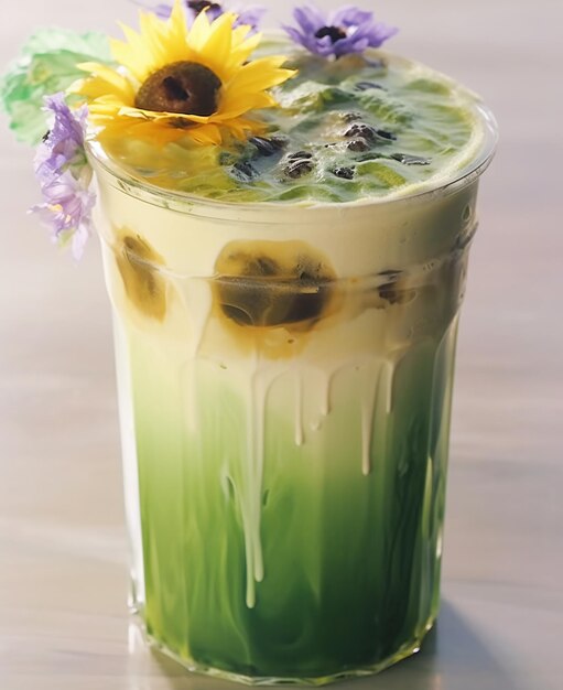 Photo a glass of green drink with a flower on it