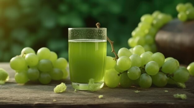 A glass of green grape juice next to a bunch of grapes.