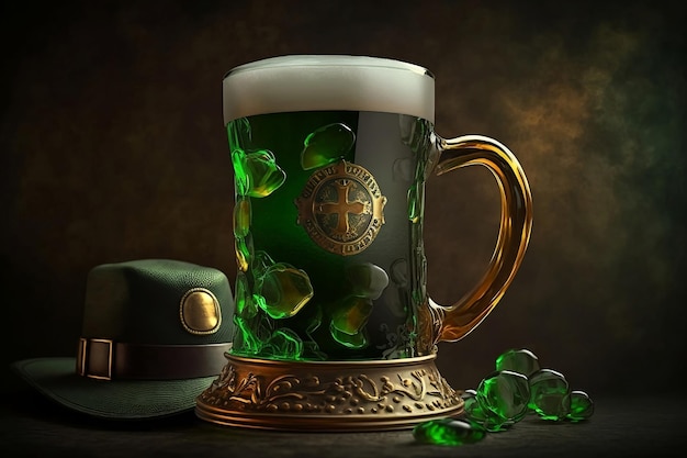 Foto bicchiere di birra irlandese verde accanto al cappello verde. giorno di san patrizio