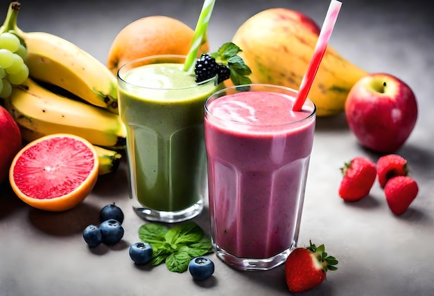 Photo a glass of green juice next to a banana and a banana