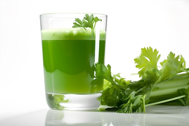 A glass of green juice next to a bunch of celery.