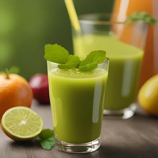 Photo a glass of green juice next to a pair of limes and a lemon