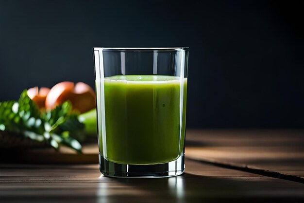 A glass of green juice sits on a table next to a carrot and a carrot